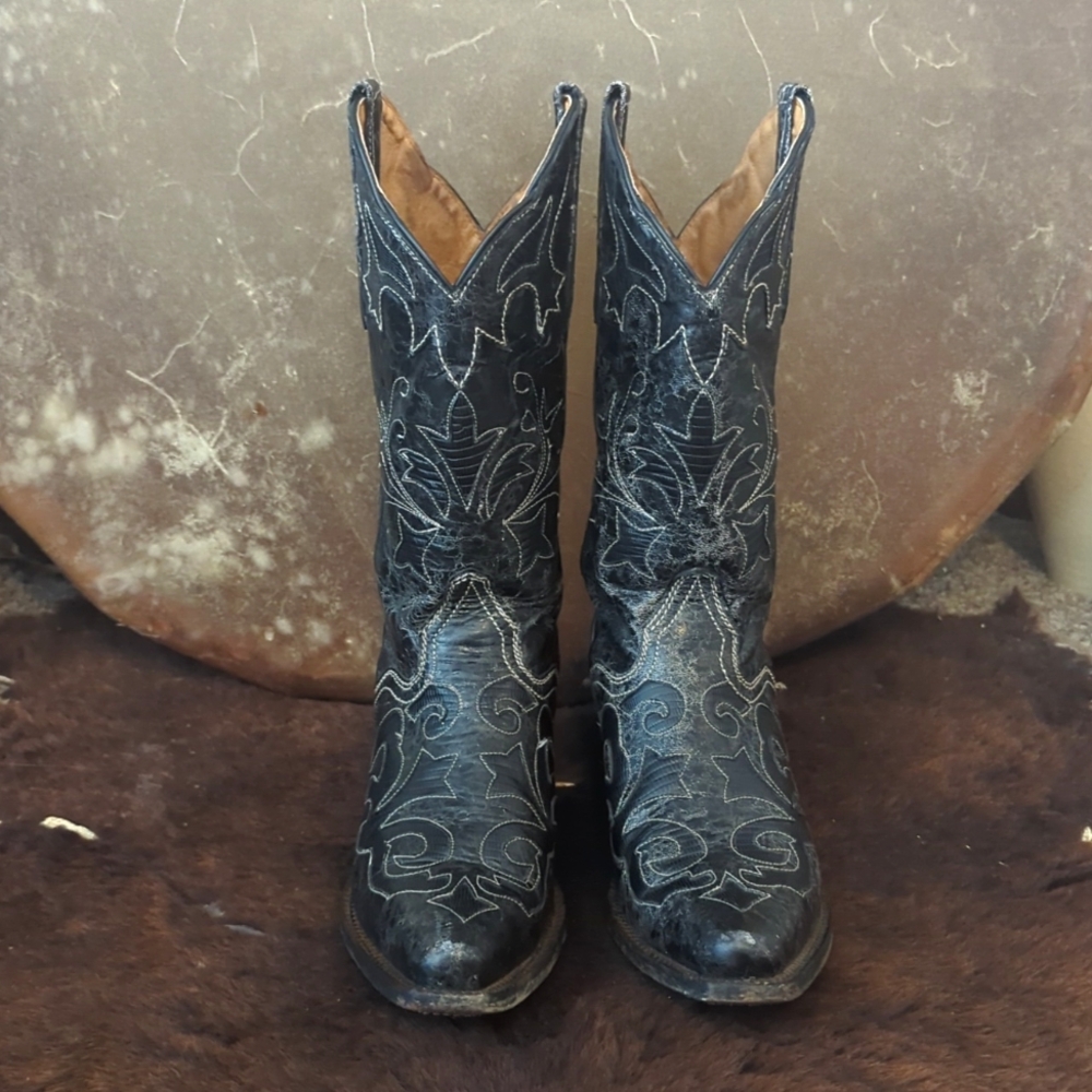 JB DILLON JBW2200 Black goat leather cowgirl boots cutout black lizard inlay 7.5 - Picture 5 of 16